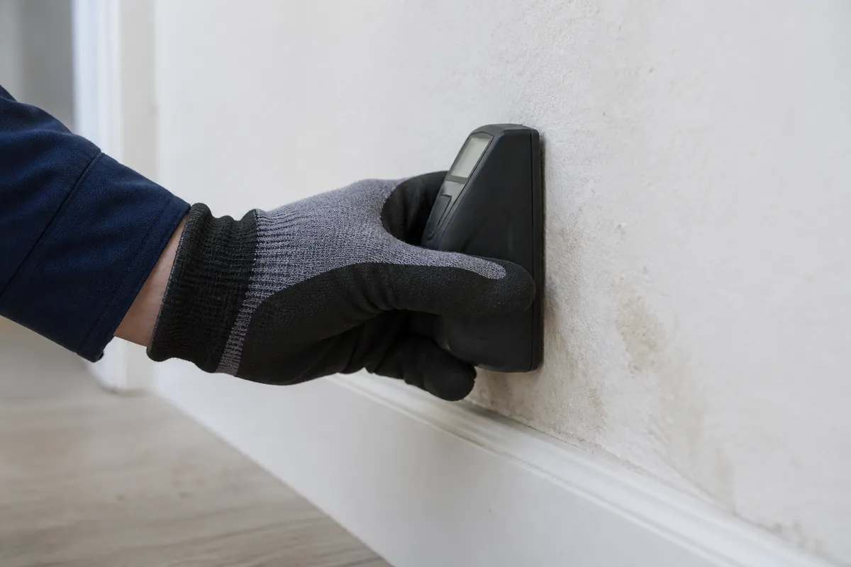 AI-illustratie van een vochtmeting aan een muur met lichte verkleuring